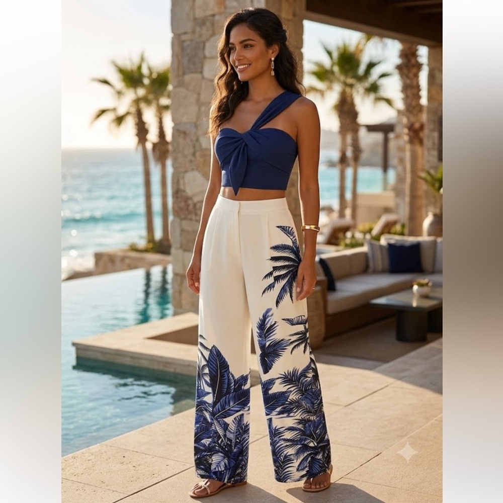 Commense One-Shoulder Top & Tropical Print Pants Set